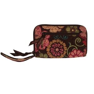Vera Bradley Brown and Pink Floral Wristlet Zip Around Wallet